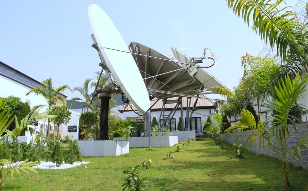 Satellite dishes at a communications facility
